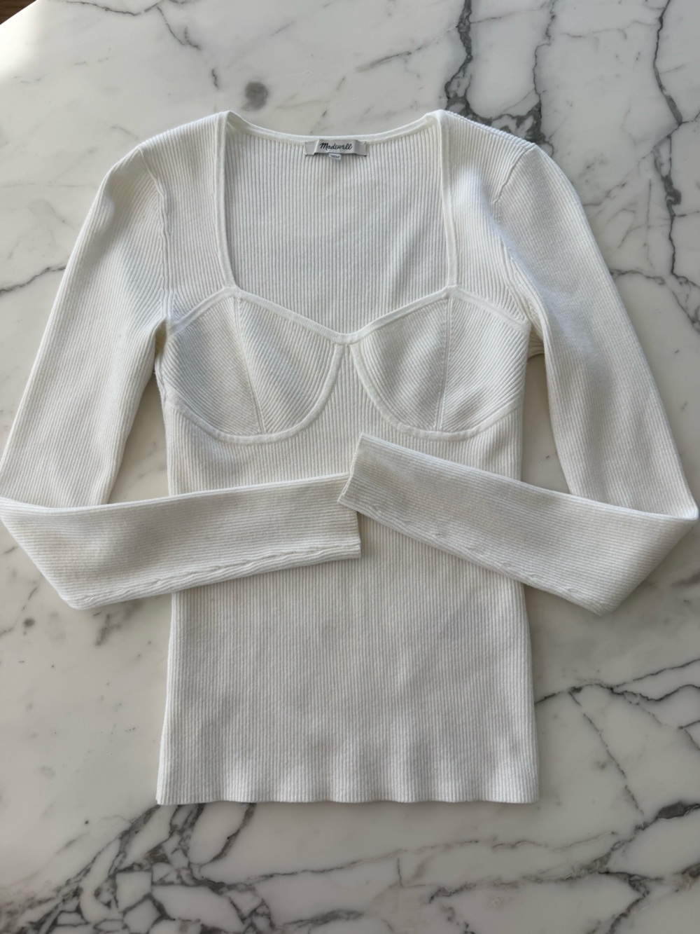 Madewell White Ribbed Bustier Long-Sleeve Top